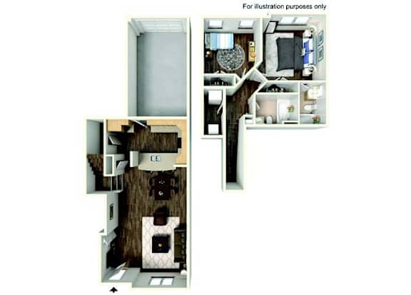 A cutaway diagram of a house showing the interior of a kitchen, living room, and bedroom.