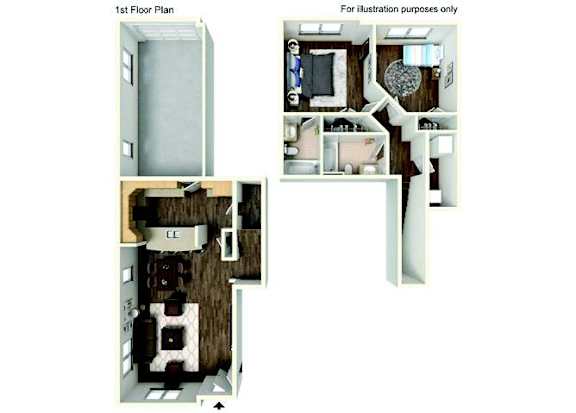 Floor Plan  A floor plan of a house with a kitchen, living room, and bedrooms.