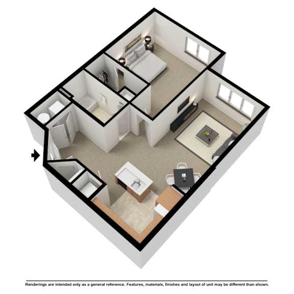 A 3D rendering of a house layout with a kitchen, living room, and bathroom.