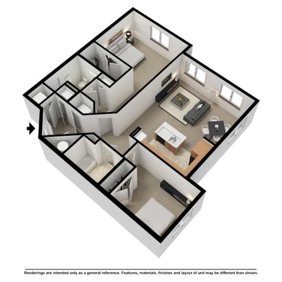 A 3D floor plan of a house with a kitchen, living room, and bedrooms.