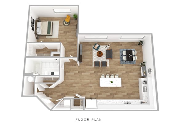 A floor plan of a house with a living room, kitchen, dining room, and bedrooms.