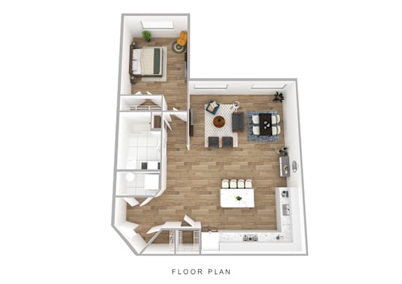 A floor plan of a house with a kitchen, living room, dining room, and two bedrooms.
