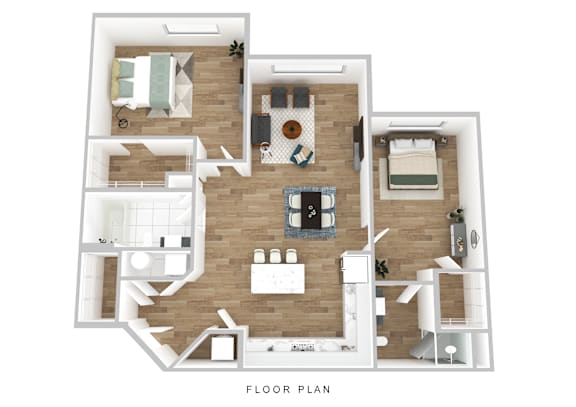 A floor plan of a house with a kitchen, living room, and two bedrooms.