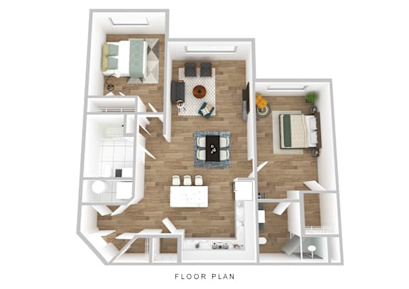 A floor plan of a house with a kitchen, living room, dining room, and two bedrooms.