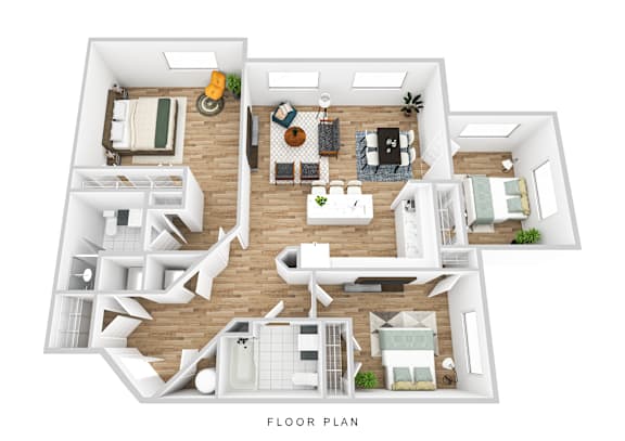 A floor plan of a house with a living room, kitchen, dining room, and bedrooms.