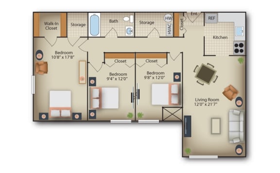 the floor plan of studio apartment with bedrooms and baths