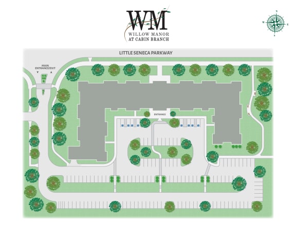 a site plan for a parking lot with a roundabout and trees