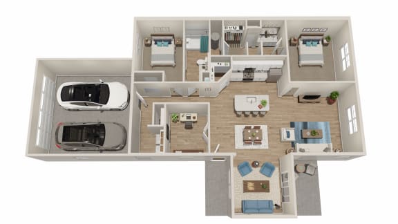 a floor plan of a two bedroom apartment with a car in the garage