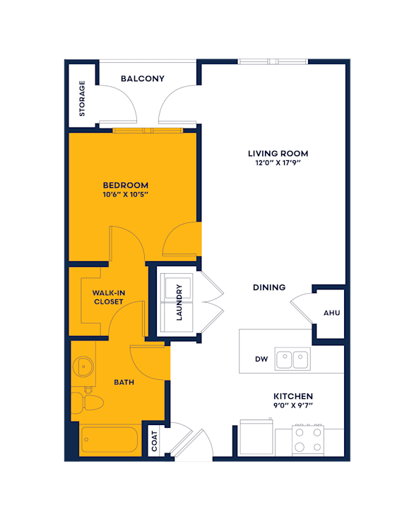 A floor plan of a living space with a bedroom, bathroom, laundry, and kitchen.
