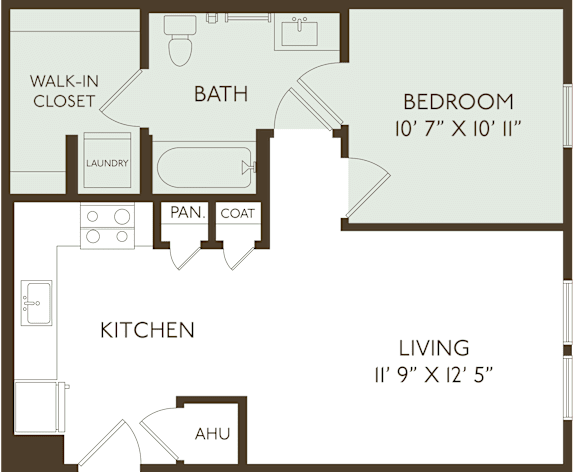 A floor plan of a small apartment with a bedroom, kitchen, bath, and living room.
