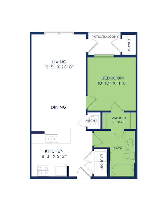 A floor plan of a small apartment with a living room, dining room, kitchen, bedroom, bathroom, walk-in closet, and storage.