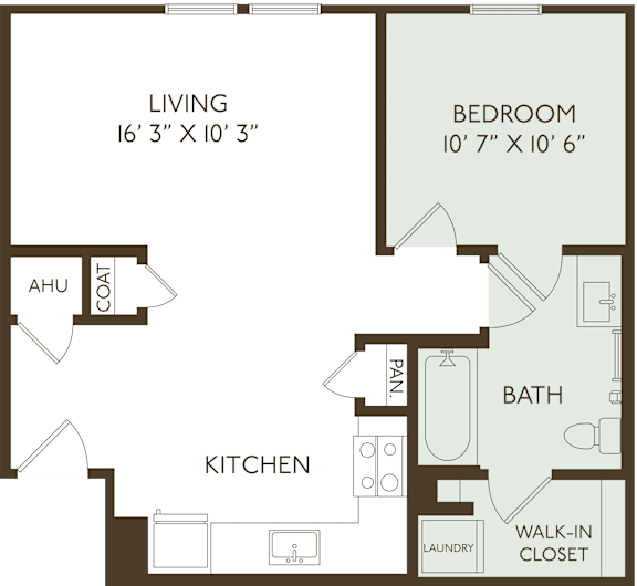 A floor plan of a small apartment with a living room, kitchen, bathroom, and bedroom.