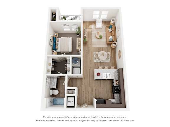 A 3D floor plan of a small apartment with a kitchen, living room, and bedrooms.