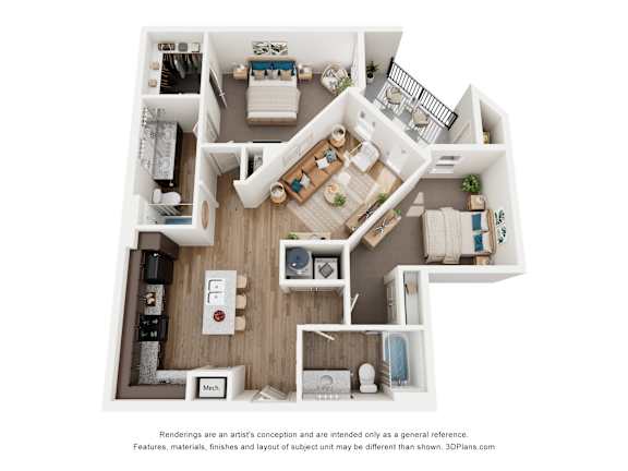 A 3D floor plan of a house with a kitchen, living room, and bathroom.