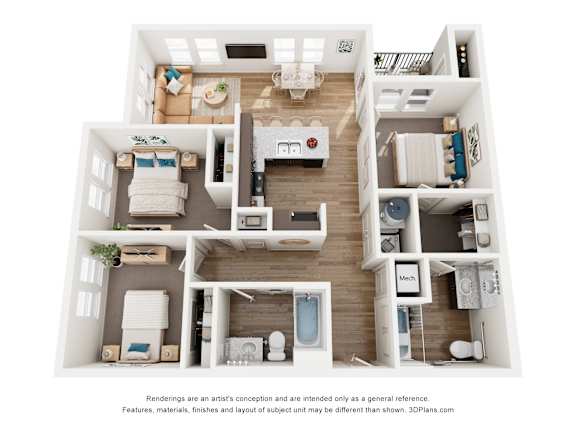 A 3D floor plan of a house with a kitchen, living room, and bathroom.