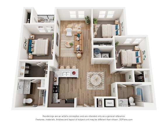 A 3D floor plan of a house with a kitchen, living room, and two bedrooms.