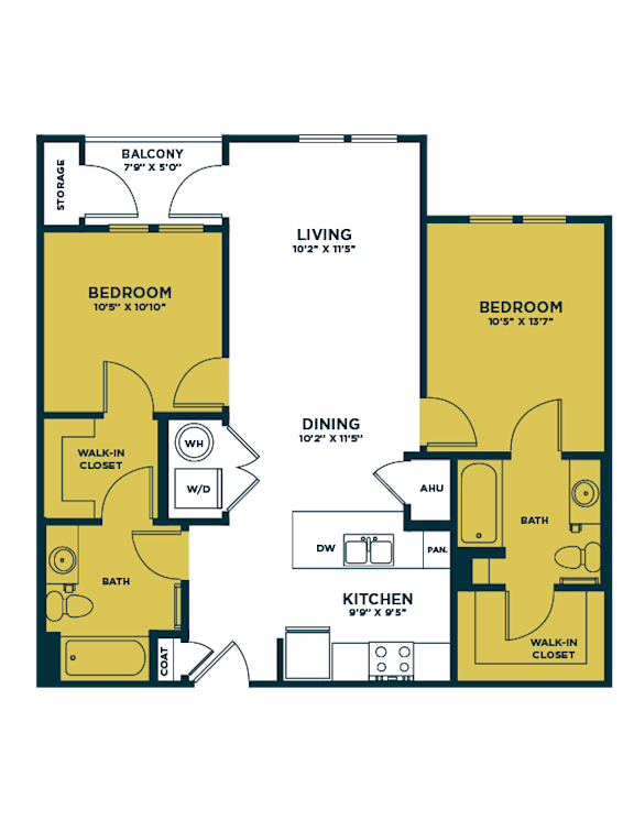 A floor plan of a home with two bedrooms, a living room, a dining room, a kitchen, a laundry room, a bathroom, a walk-in closet, and storage.