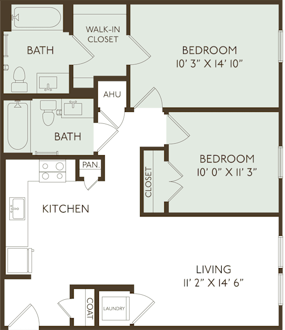 A floor plan of a small apartment with two bedrooms, a living room, a kitchen, a bathroom, a walk-in closet, and a laundry area.