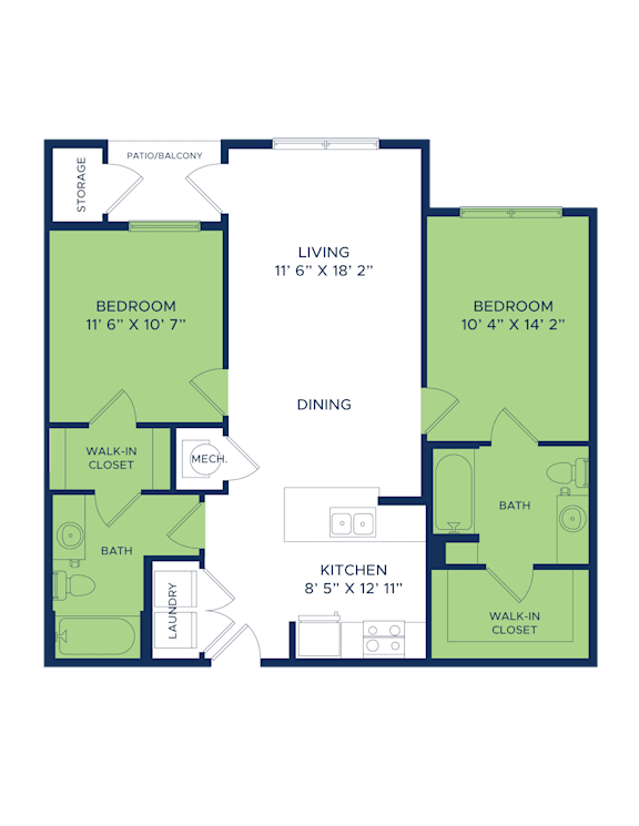 A floor plan of a house with two bedrooms, a living room, a dining room, a kitchen, a laundry room, a bathroom, and a walk-in closet.