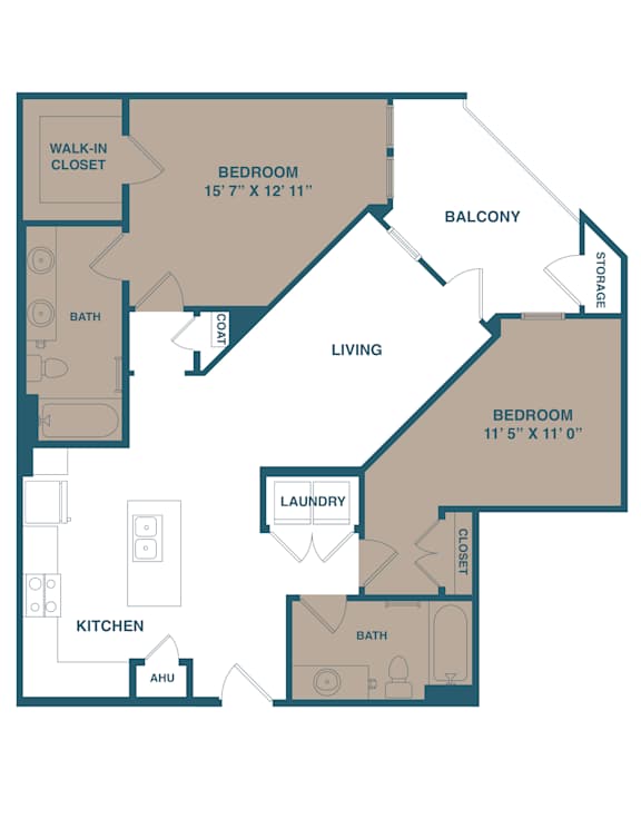 A floor plan of a house with two bedrooms, a living room, a kitchen, a laundry room, a bath, a walk-in closet, and a storage area.
