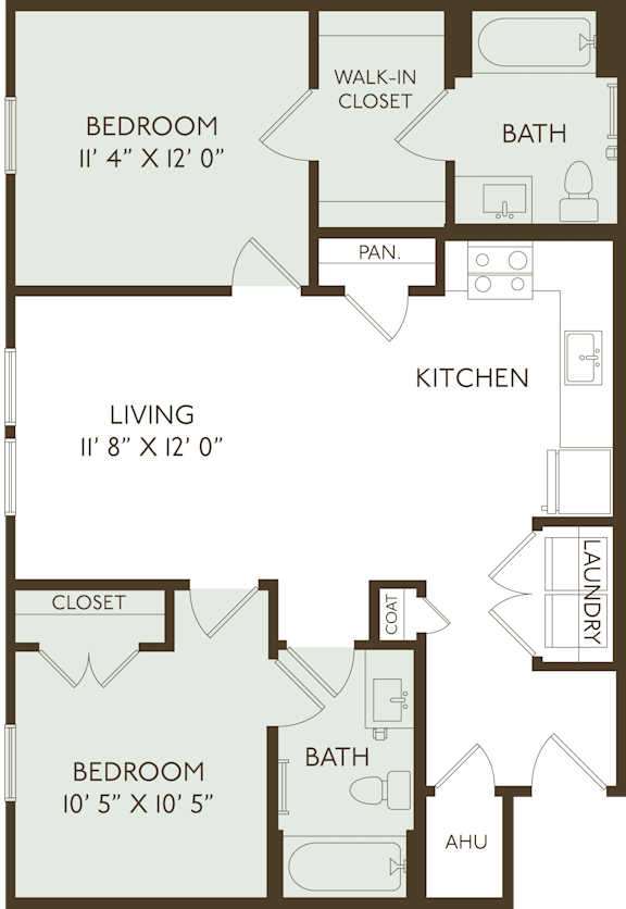 A floor plan of an apartment with two bedrooms, a living room, a kitchen, a bathroom, a laundry area, and a walk-in closet.