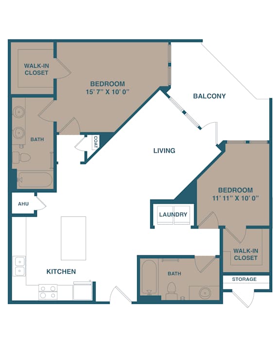 A floor plan of a home with two bedrooms, a living room, a balcony, a laundry room, a kitchen, a bathroom, and storage.