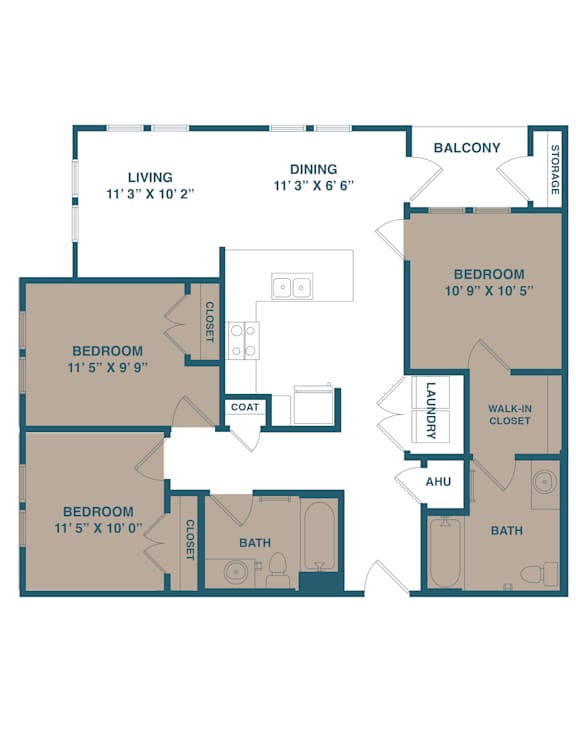A floor plan of an apartment with three bedrooms, a living room, a dining room, a balcony, a laundry room, and a bathroom.