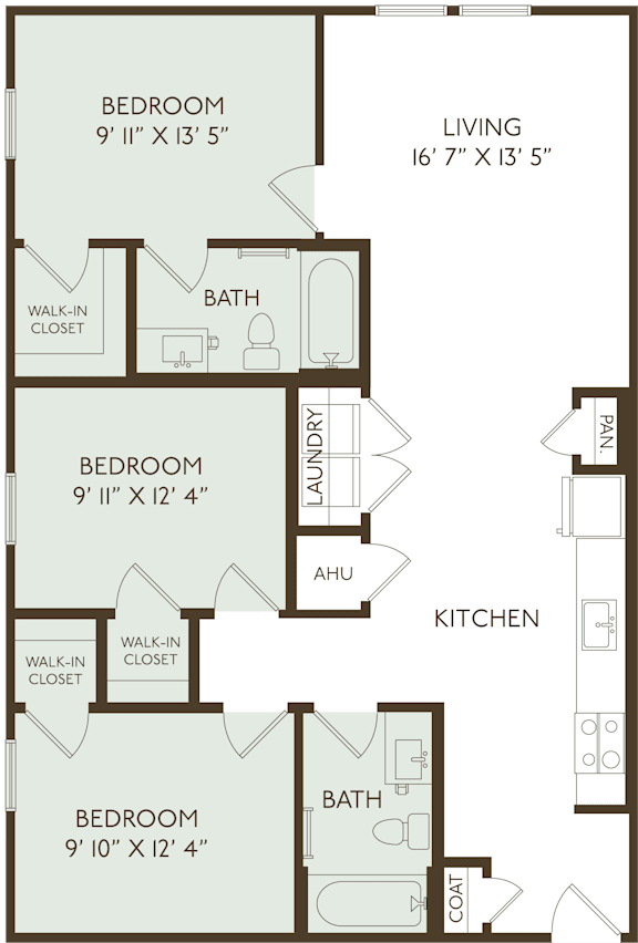 A floor plan of a small apartment with three bedrooms and a living area.