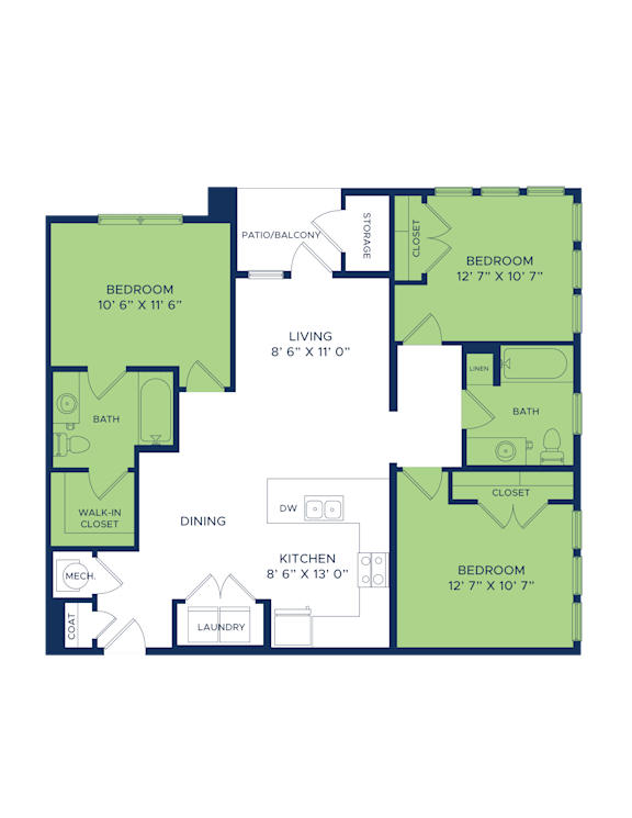A floor plan of a house with two bedrooms, a living room, a dining room, a kitchen, a laundry room, a bathroom, a walk-in closet, and a mech.