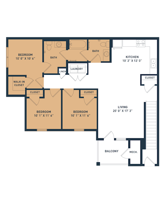A floor plan of an apartment with two bedrooms, a living room, a dining room, a kitchen, a bathroom, a laundry room, and a balcony.