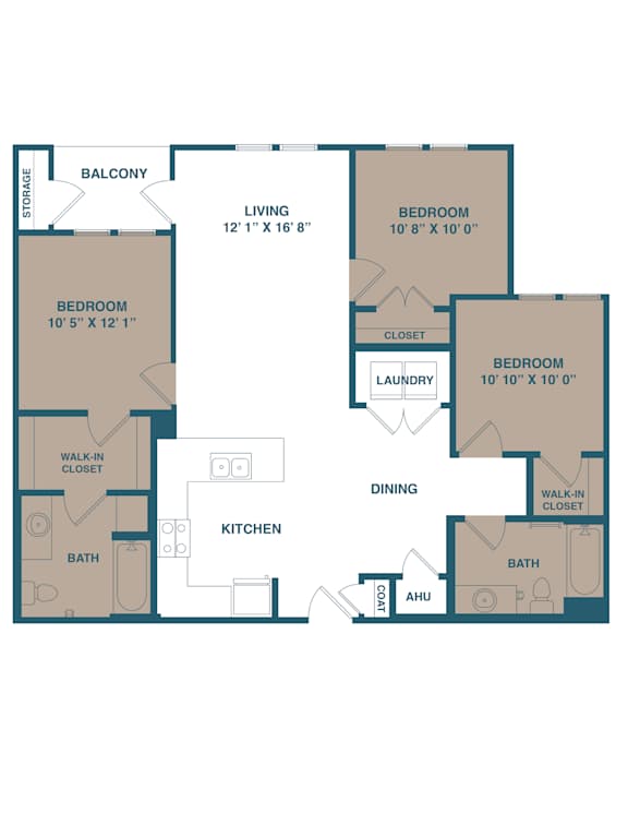 A floor plan of a house with a balcony, two bedrooms, a living room, a dining area, a kitchen, a laundry room, a bathroom, and a walk-in closet.