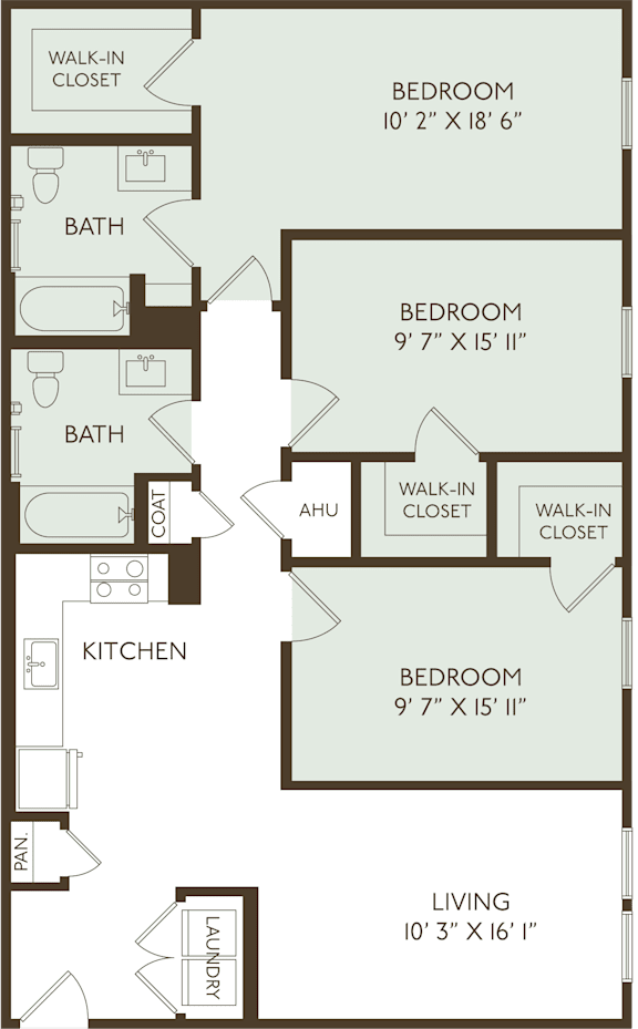A floor plan of a small apartment with three bedrooms and a living room.