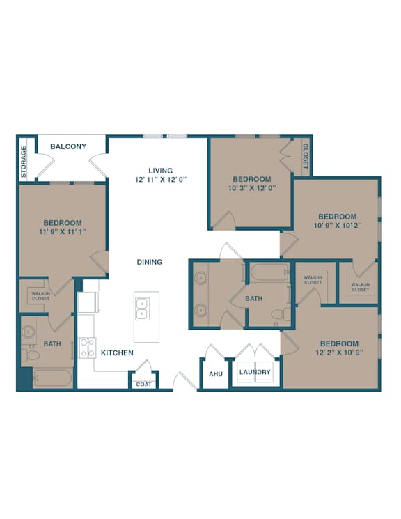 A floor plan of a house with a balcony, two bathrooms, a kitchen, a laundry room, and four bedrooms.