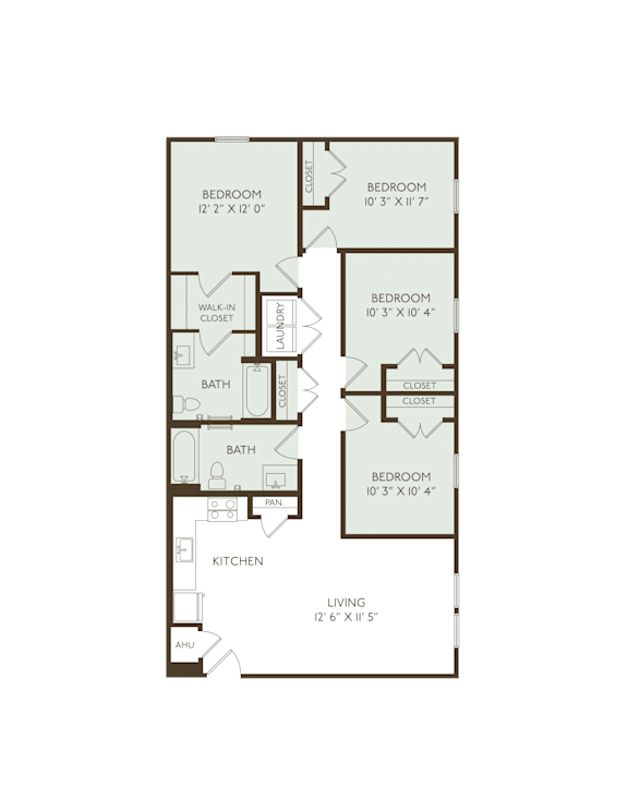 A floor plan of a house with four bedrooms and a living area.