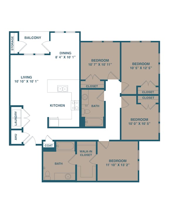 A floor plan of a house with a balcony, two bedrooms, a living room, a dining room, a kitchen, a laundry room, a coat area, a bathroom, and a walk-in closet.