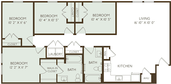 A floor plan of a house with four bedrooms and a living area.