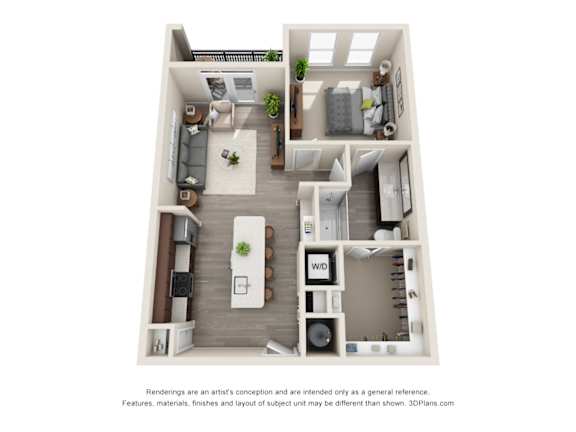 A 3D floor plan of a small apartment with a kitchen, living room, and bedroom.