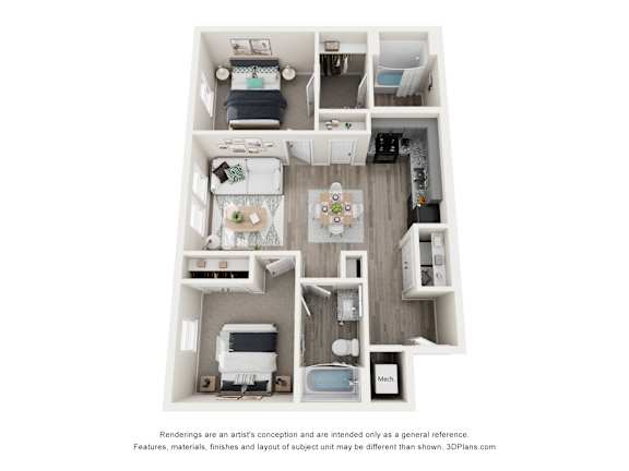 A 3D floor plan of a small apartment with a kitchen, living room, and bedroom.