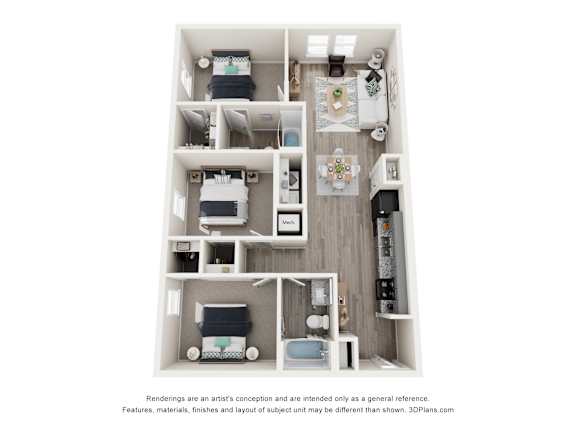A 3D floor plan of a small apartment with a kitchen, living room, and two bedrooms.