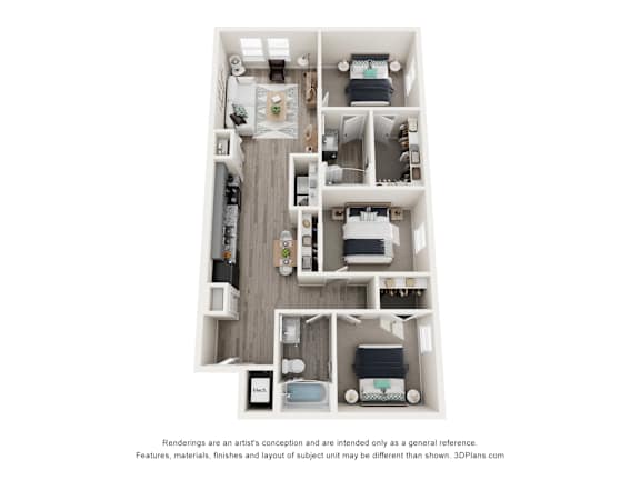A 3D floor plan of a small apartment with a kitchen, living room, and two bedrooms.