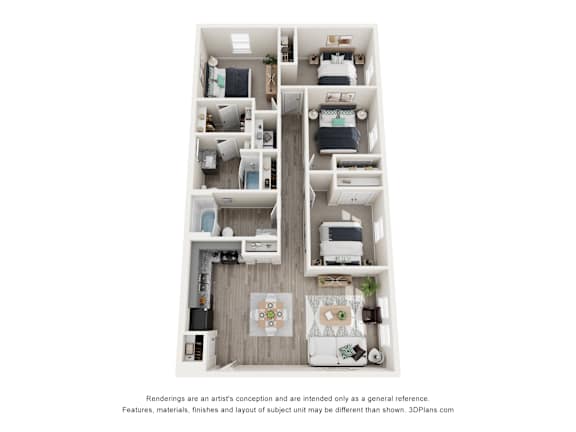 A 3D floor plan of a small apartment with a kitchen, living room, and bedroom.