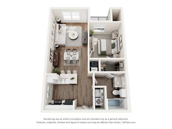 A 3D floor plan of a small apartment with a kitchen, living room, and bathroom.