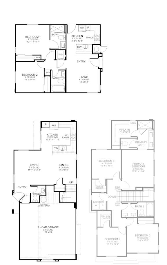 A set of four floor plans for a house with different layouts.
