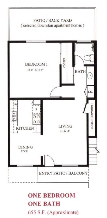 A floor plan of a one bedroom apartment with one bath.