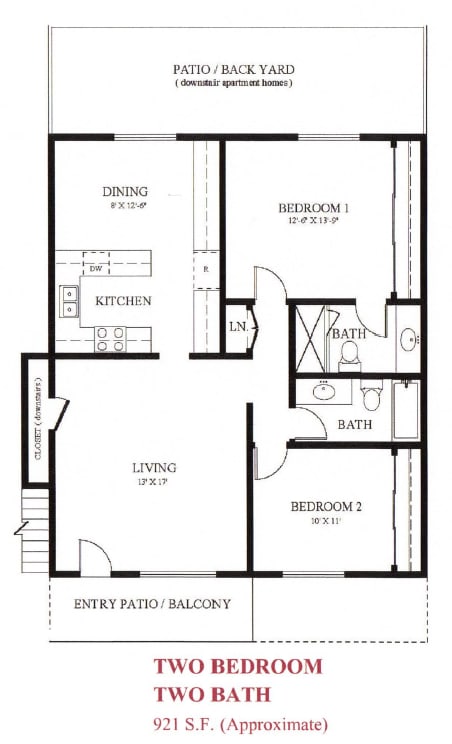 A floor plan of a two bedroom, two bath apartment.