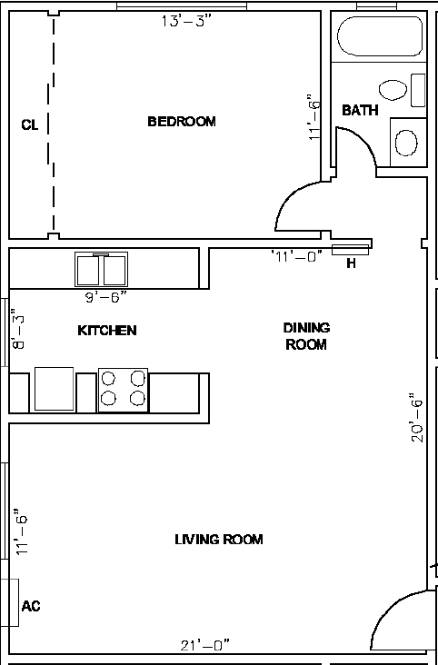 Fairmount floor plan 1Bx1B