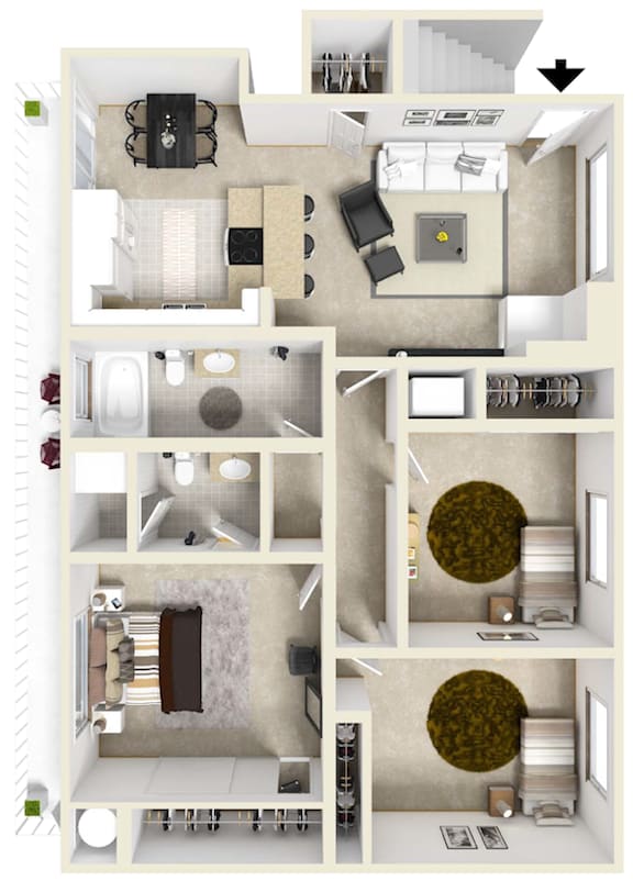 A floor plan of a house with a living room, kitchen, and two bedrooms.