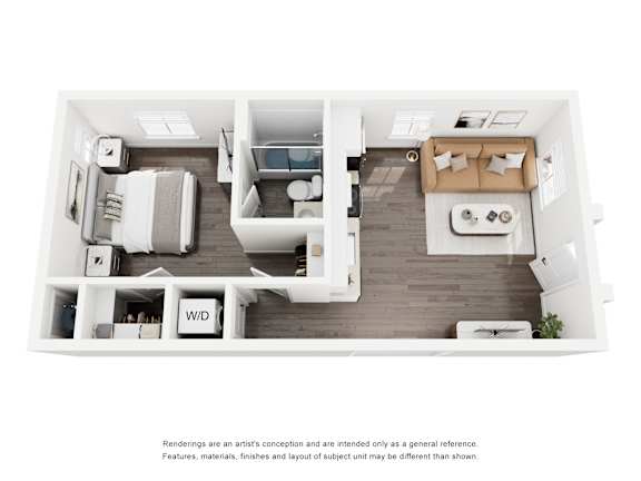 A floor plan of a small apartment with a kitchen, living room, and bathroom.