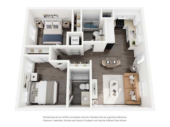 A floor plan of a house with a living room, dining room, kitchen, and two bedrooms.