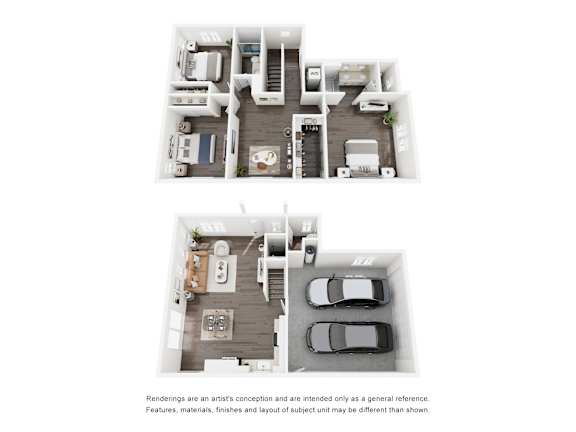Two images of a house layout, one from above and one from below.